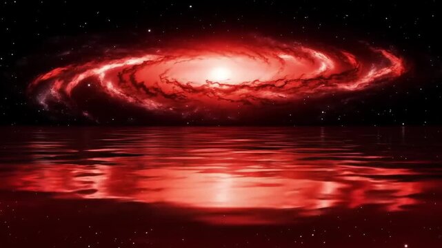 A vibrant red spiral galaxy reflecting in a calm, dark water surface under a starry night sky.