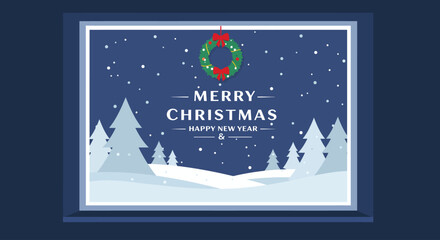 A warm flat design illustration of a hospital window offering a serene view of a snowy Christmas landscape, conveying messages of hope and well-being. 