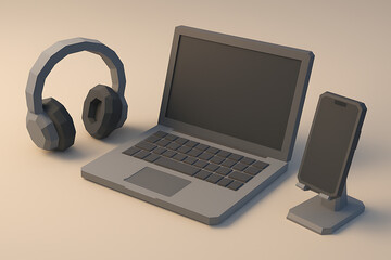 Modern Low Poly Tech Setup Laptop, Phone, and Headphones – Ideal for Work or Entertainment