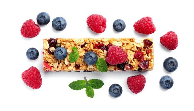 Granola bar surrounded by berries