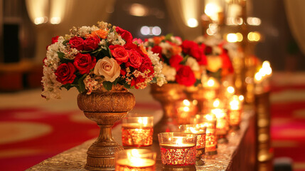 Elegant floral arrangement with glowing candles on a decorated table