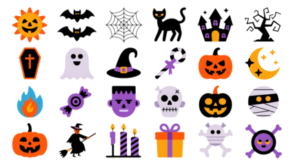 Collection of spooky and fun halloween icons and symbols on a dark background