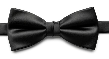 A black bow tie made of smooth slightly reflective fabric is centered horizontally on a pristine white background highlighting its classic formal design