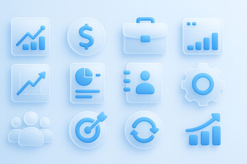 Set Icons Glass Business, data analysis, organization management and technology icon set. Teamwork, strategy, planning, marketing, cloud technology, data analysis, employee icon set