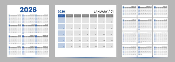 2026 editable minimal calendar design. Week starts on Sunday. Place for notes. Minimalist trendy design for desktop design calendar planner.