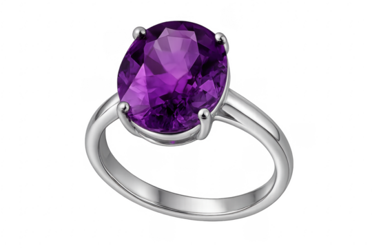 Silver ring displaying large oval amethyst gemstone - Powered by Adobe
