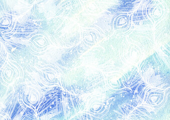 A blue ice floe with patterns, feathers, and a stylish design background. Watercolor winter background, hand-drawn, blue ice texture with feather patterns