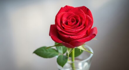 Naklejka premium A single red rose with water droplets on its petals, placed in a clear glass vase.