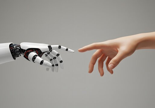 A white cyborg robotic hand with an extended finger pointing toward a human hand with an extended finger. AI robot finger and human finger making contact, isolated on a gray background. - Powered by Adobe
