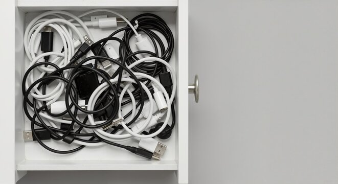 A messy drawer full of tangled black and white electronic cables. Disorganized storage and clutter concept with copy space