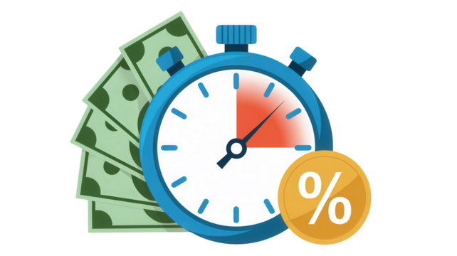 Concept of fast financial loan or credit with stopwatch money and percentage symbol