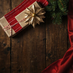 Rustic Christmas Decoration on Wooden Background with Red Ribbon and Candy Canes