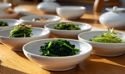 A clean and traditional Korean ritual food setting. Several small white ceramic bowls filled with simple namul (seasoned vegetables) for Jesa table