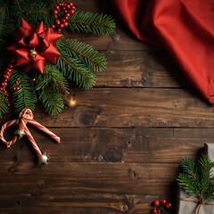 Rustic Christmas Decoration on Wooden Background with Red Ribbon and Candy Canes
