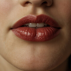 Close-up of Woman’s Lips with Red Glossy Lipstick