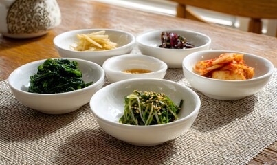 A clean and traditional Korean ritual food setting. Several small white ceramic bowls filled with simple namul (seasoned vegetables) for Jesa table