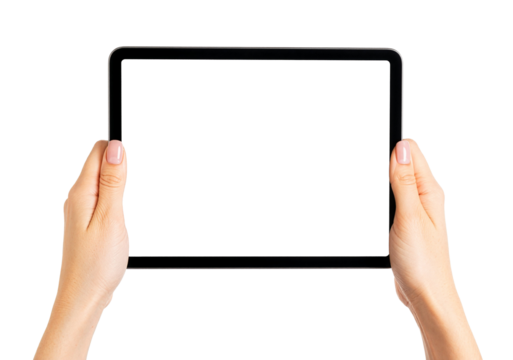 Top-Down View of Woman Holding Tablet, Isolated, Realistic Skin, Modern Minimalistic Style, High-Resolution PNG - Powered by Adobe