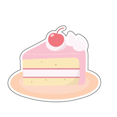 Cute Layered Cake Slice with Cherry and Cream - Cartoon Dessert Icon for Bakery or Celebration Use