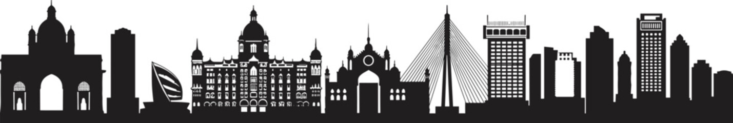 Mumbai city skyline silhouette vector illustration, India architecture landmark, urban cityscape, travel destination, modern buildings, tourism art, cultural design