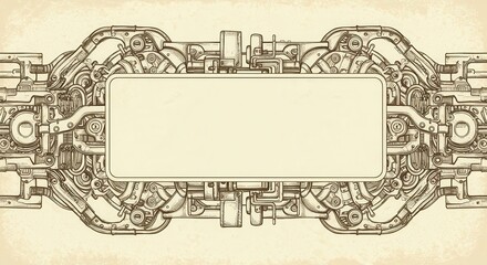 Obraz premium Detailed illustration of a complex, machine-like structure framing a rectangular blank space in the center, showcasing a steampunk or industrial aesthetic.