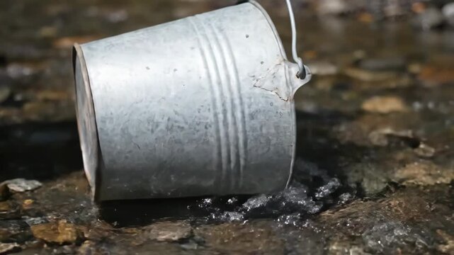 Galvanized Metal Bucket Placed into Shallow Water with Splashes.