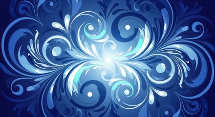 Fototapeta premium A blue and white abstract floral pattern with swirling elements and a central burst of light.