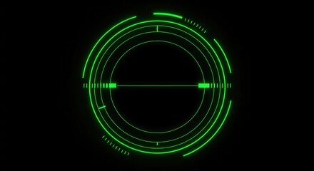 Futuristic green glowing digital target reticle, showcasing a circular design with concentric circles and crosshairs against a dark background, representing aiming and precision for technology.