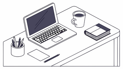 Isometric office desk setup with laptop coffee mug book and stationery for remote work concept