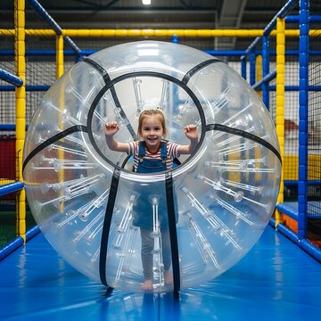Girl Having Fun in a Zorb Ball at Indoor Playground.