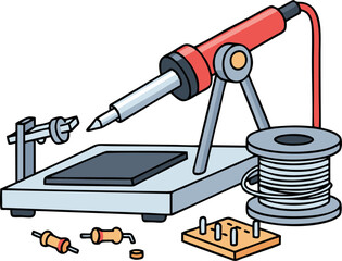 Cartoon soldering station with iron, solder spool, breadboard, and resistors