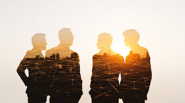 Business Synergy: Teamwork and Connectivity in a Modern Urban Landscape with Double Exposure of