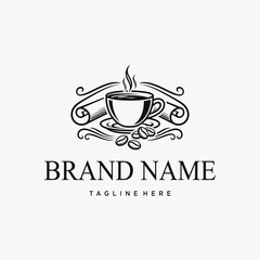 Elegant Coffee Cup Logo with Coffee Beans and Swirls.