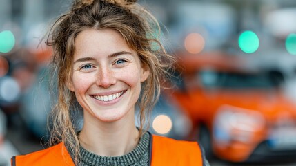 Cheerful young woman wearing an orange high-visibility vest in an urban setting with cars