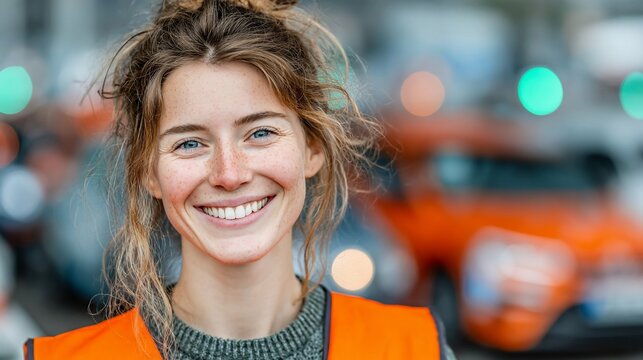 Cheerful young woman wearing an orange high-visibility vest in an urban setting with cars - Powered by Adobe