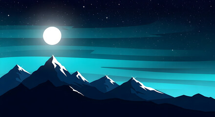 Dark Mountain Peaks Silhouetted Against Starry Night with Full Moon