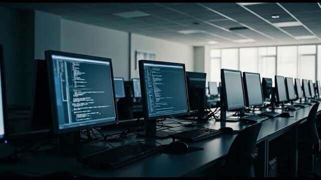 Computer lab rows of desktop computers software development cyber security