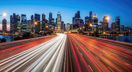 Obraz premium Dynamic Singapore Cityscape at Dusk with Blurring Highway Traffic Light Trails