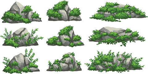 Natural stone rocks with green grass and bush plants, outdoor landscape elements, garden nature decoration, forest environment background illustration, eco design