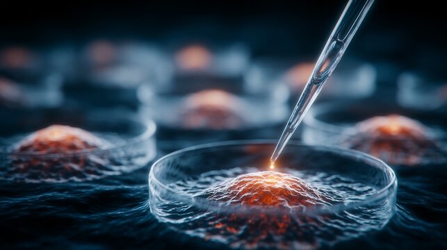 Close-up image showcasing scientific research with cells in petri dishes and a pipette introducing