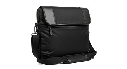 Naklejka premium A black messenger bag with a top flap front zipper pocket and adjustable shoulder strap displayed on a white background