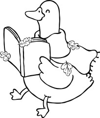 Fall Bookish Silly Goose Reading a Book with Scarf Cartoon Outline.