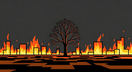 Bare Tree in Burning Cityscape Dark Orange Illustration