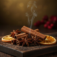 Star Anise and Cinnamon Sticks With Lemon Ingredients, Cinematic HD Photography