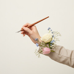 Hand Holding Calligraphy Pen with Flowers Tucked into Sleeves, Elegant Minimalist and Feminime.