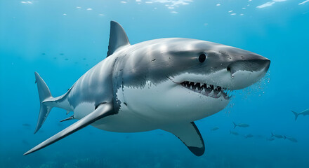 Fototapeta premium Large White Shark Swimming in Ocean Water with Sharp Teeth Close-up