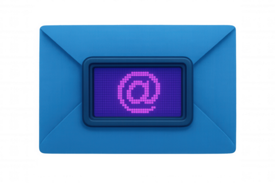 Email envelope with pixel @ symbol on digital screen, visualizing electronic communication and internet messaging