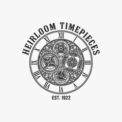 Intricate mechanical clock face design with roman numerals and gears, elegant vintage style.