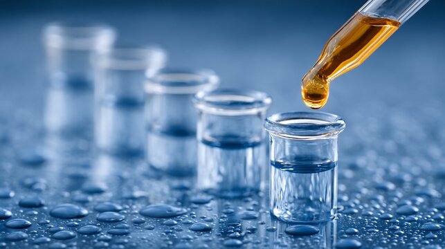 Close-up shot of laboratory glassware with pipette dropping liquid in a test tube