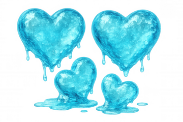 Ice hearts in various stages of melting, creating puddles of water. Representing cold emotions and fading love. Transparent background
