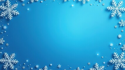 White snowflakes on a blue background. Holiday ornament. Banner. There is space for text.